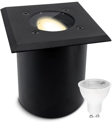 SSC-LUXon JUAVI Bodeneinbauleuchte aussen IP67 eckig - Bodenstrahler schwarz matt 230V befahrbar - inkl. GU10 LED Lampe 3W warmweiß