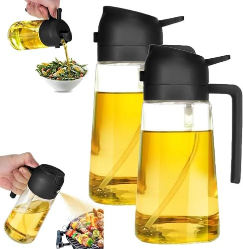 2 Pezzi Spruzzino Olio per Friggitrice Aria 2 in 1 Set, 470ml Spruzzatore Olio d'Oliva in Vetro, Nebulizzatore Olio Aceto, Olio Spray per Friggitrice ad Aria Cucinare Cottura BBQ Insalate(Nero)