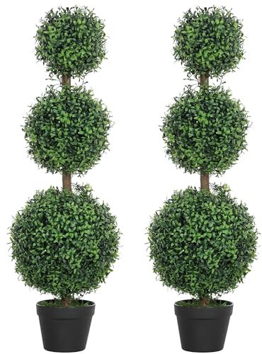 HOMCOM Set of 2 Decorative Artificial Trees, Topiary Ball-shaped Boxwood Trees in Pot, Fake Plants for Home Indoor outdoor Decor, 100cm, Green