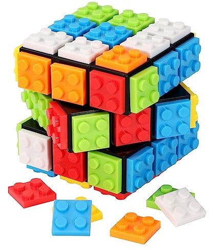 Cube Magique de Vitesse 3x3, Build-on Brick Magic Cube 2 en 1 Puzzle Toys Speed Cube Compatible, Cadeau pour Enfants Adultes