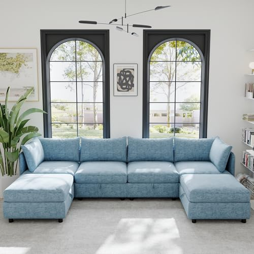 Oversized Modular Storage Sectional Sofa Customizable Seating Group Sofa&Couch Convertible Sleeper Sofabed with Movable Ottomans and Seat, U-Shaped Chenille Upholstered Sofa Couch for Living Room