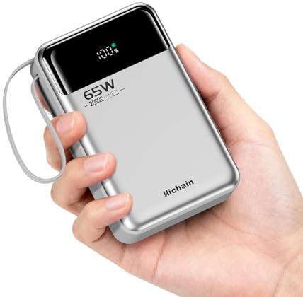 Hichain Bateria Externa Carga Rapida 65W Carga Rápida 20000mAh Power Bank LED Cables USB C Integrados de Entrada y Salida Compatible con iPhone17/16/15/13 Plus Pro Max, Samsung, MacBook, iPad, AirPods