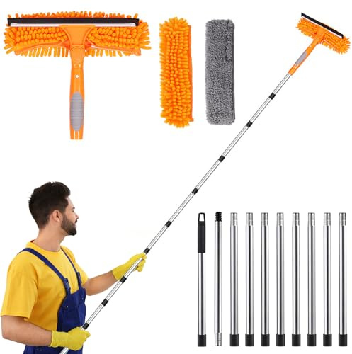 4.5 m Telescopic Window Wiper, 2-in-1 Window Cleaner Set with 10-Piece Telescopic Rod, Window Cleaner with Rubber Wiper and Microfibre Cloth, Duster for Indoor and Outdoor Use, High Windows and Car