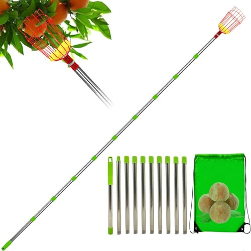 Fruit Picker Pole with Basket - Extendable Garden Pole, Picking Tool Stick | Stainless Steel Rustproof Frame, Detachable Lightweight Picker for Pear Plum Apricot Lemon Orchard Tree Harvest Collection