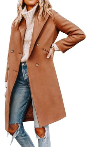 Cicy Bell Womens Notched Lapel Collar Double Breasted Pea Coat Winter Wool Blend Over Coats Long Jackets,caramel,S
