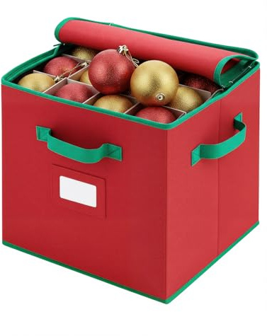 Christmas Decoration Storage Box, 7.6 cm 64 Slots, 4-Tier Ornament Storage Bin with 4 Side Handles, Zippered Oxford Fabric Container, Premium Xmas Bauble Organizer for Holiday Decorations, Red