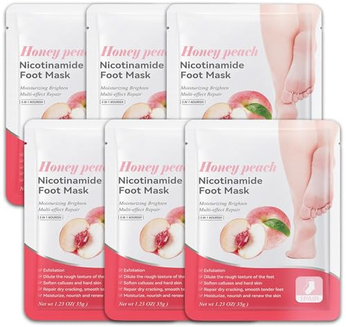 6 paia di maschere per piedi di pesca con niacinamide, idratanti e riparanti, peeling contro calli e pelle secca, maschera per piedi morbidi e delicati