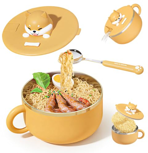 DASIAUTOEM Ramen Ciotola con coperchio, 1200 ml, ciotola istantanea in acciaio inox, ciotola per zuppa con coperchio e forchetta Ramens Bowl, isolamento termico, sigillo per zuppa e noodle insalate
