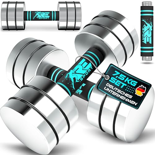 RE:SPORT Juego de 2 mancuernas de acero macizo de 2,5/5/7,5/10 kg, mancuernas con pesas y mango de espuma, mancuernas para fitness, gimnasio en casa, entrenamiento de fuerza y desarrollo muscular