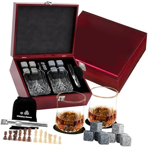 Nucelit Whiskeyentusiaster set med 2 glas kylsten och strategispel förvaringsfodral whisky glas set med issten