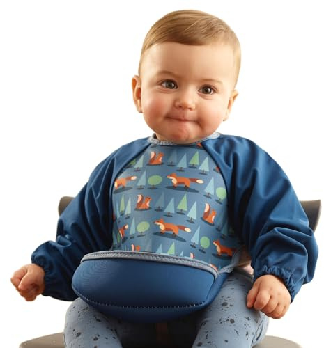 Bibetta Ultrabib - Weaning bib with sleeves - Premium Neoprene for Comfort - Waterproof - Baby bibs with Crumb Catcher Pocket for Feeding Toddler & Babies - Roll Up and Machine Washable (Blue Foxes)