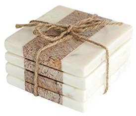 Creative Co-Op Square Marble Coasters with Jute String, Brown (Set of 4 Pieces)