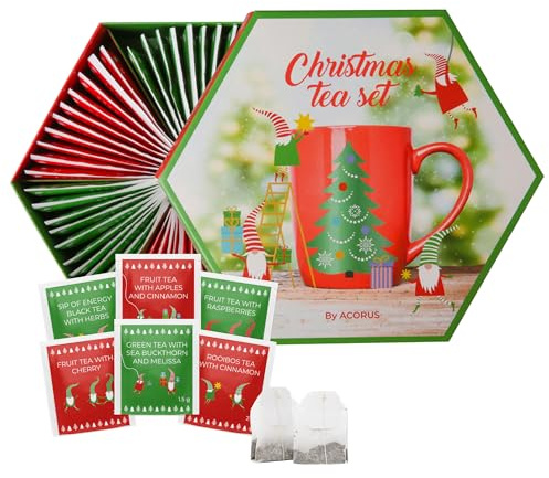 ACORUS - Surtido de té de Christmas set, Juego de regalo de caja de cesta de té surtido natural de 6 tés diferentes, Cuadro de selección grande, 60 bolsitas de te