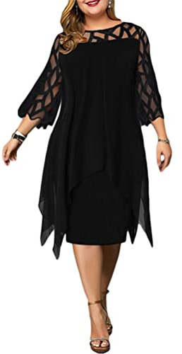 Minetom Femmes Manches 3/4 Lâche Grande Taille Robes Elégante Au Genou Robe de Soirée Cérémonie Cocktail Mariage D Noir 3XL