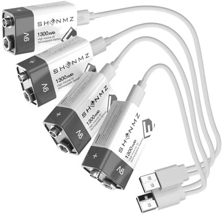 Batería de iones de litio recargable de 9 V, batería de litio de 1300 mAh, carga rápida a través de micro-USB, 1500 ciclos para detector de humo, multímetro -4 unidades..
