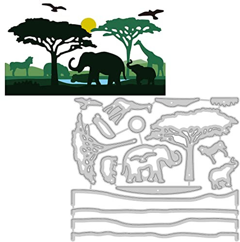 GLOBLELAND Stanzschablonen Wildes Tier Metall Schneiden Schablonen Elefant Giraffe Baum Nilpferd und Vogel Stanzformen für Kartenherstellung und DIY Scrapbooking Dekor