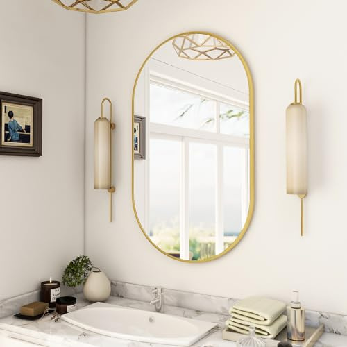 BEAUTYPEAK Wall Mounted Mirror, 17x30 Oval Bathroom Mirror with Metal Frame, Vertical & Horizontal Hang, Ideal for Bedroom, Entryway, Living Room, Gold