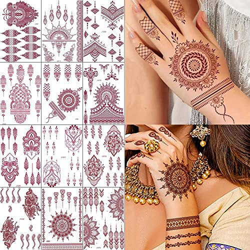 XMASIR 12 Sheets Brown Tattoos Sticker For Women Girls, Waterproof Fake Tattoo Temporary Tattoo Kits, Lotus Mandala Flower Temporary Tattoos Neck Chest Arm