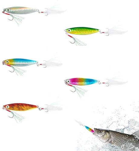 5 Stück Kunstköder, Angelköder, Wobbler Swimbait, Mit Pailletten- und Federmaterial, für das Angeln in Süß und Salzwasser