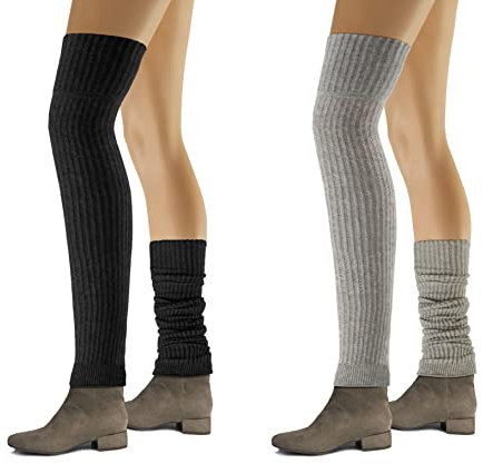 Sesto Senso 2-pack långa benvärmare för kvinnor över knät bomullsväv stickad, Ränder: Ljusmelange + svart, en storlek