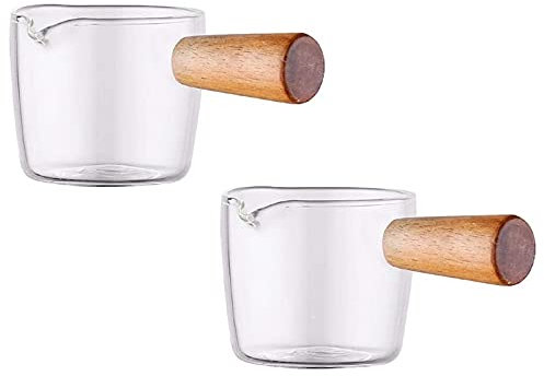 Hausdec 2 mini brocche per latte e caffè, in vetro trasparente, con manico in legno, 50 ml