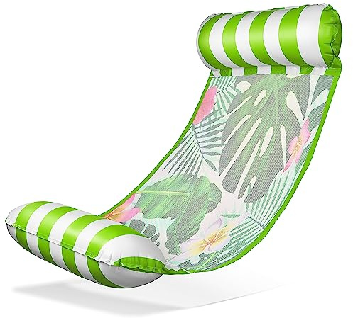 Balinco – Uppblåsbar vattenhängmatta, luftmadrass med 2 luftkammare och nylonnät för pool – Floatie vattenmadrass, relaxstol för vuxna och barn – sommarpooltillbehör (monstera grön)