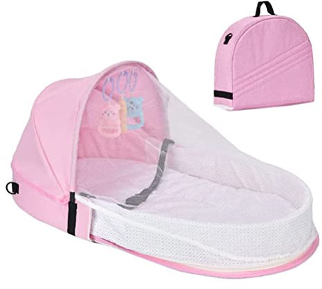 Portable Baby Bed with Toy, Soft Foldable Travel Cot, 0-18 Months Baby Travel Cot, Anti Mosquito Bed, Cuddly Baby Bed, Outdoor Shopping, Camping, Travel (Pink)