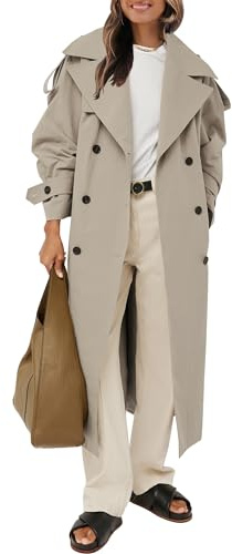 Farktop Womens Oversized Long Trench Coat Double Breasted Lapel Windproof Overcoat with Belt