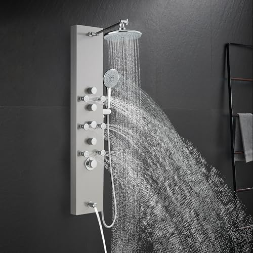 OUGOO Shower Panel System - Use 4 Functions Simultaneously: Rainfall Shower, Body Jets, Handheld and Tub Spout, Shower Tower Column with Adjustable Head, 304 Stainless Steel Brushed