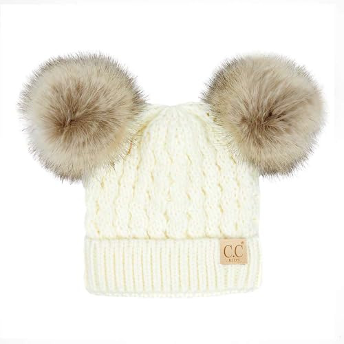 C.C Kids' Cable Knit Double Pom Beanie for Kids - Comfortable Soft Warm Children Youth Skully Hat with Pom, Natural Faux Fur Pom Ivory