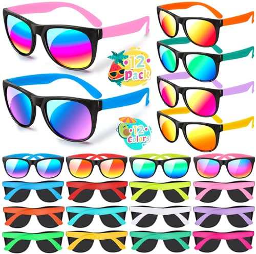 YADIYA Kids Sunglasses - 12PCS Bulk Party Favors, 80s Retro Neon for Beach Pool Birthday Party Supplies, Goodie Bags Stuffers for Boys Girls Adults