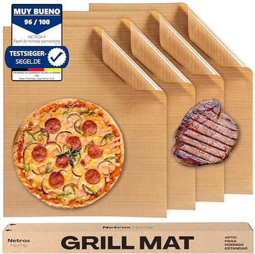 Netrox - Carta Forno e Grill Riutilizzabile (Set da 4) - Sicuro per Alimenti, Resistente al Calore Fino a 260°C, Lavabile in lavastoviglie - Tappetino, Tappentini, Fogli 36x42 cm