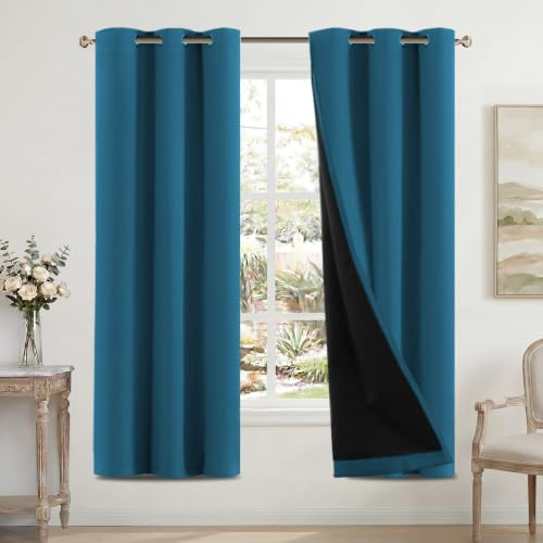 H.Versailtex 100% Blackout Curtains for Bedroom with Black Liner Eyelet Curtains for Living Room Full Room Darkening Thermal Insulated Window Drapes, 2 Panels, 46 x 72 Inch, Dark Teal