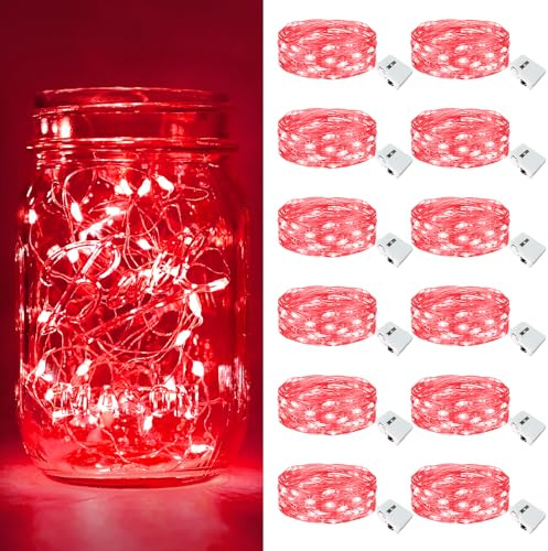 btfarm 12 Pack 3 Modes Fairy Lights Battery Operated, 2M 20LED String Light | Waterproof Twinkle Light Battery Powered Small Silver Wire for Indoor Jars Wedding Christmas Valentine's Day Decorations, Red