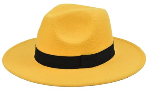 Chapeaux Fedora pour hommes femmes classiques larges bordure jaune Fedora Hat avec décoration de ceinture Protection solaire Taille moyenne Fedora assorti Fedora pour usure quotidienne, extérieur, vo