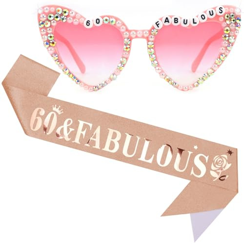 Tihebax Fascia per 60° compleanno da donna, decorazioni per il 60° compleanno da donna 60 & FABULOUS fascia e occhiali da donna, regalo per 60° compleanno per donne, decorazioni per feste di 60°