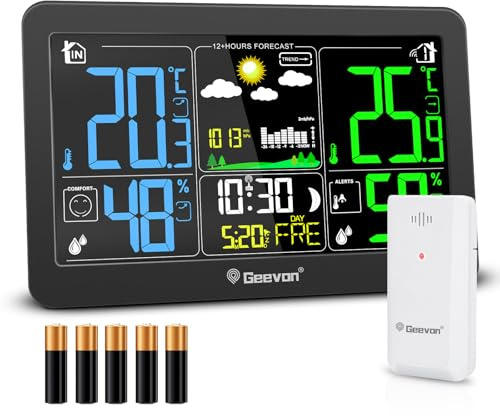 Geevon DCF Wetterstation Funk mit Außensensor, Wetterstationen Innen und Außentemperatur Funk mit Wettervorhersage Digitales Thermometer Hygrometer (303 mit Batterie)