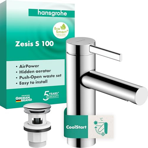 hansgrohe Zesis S - Tvättställsblandare med push-open ventil, energibesparande (CoolStart), Vattenkran badrum med utloppshöjd 104 mm, Badrumskran vattenbesparande (EcoSmart+), krom, 74724000