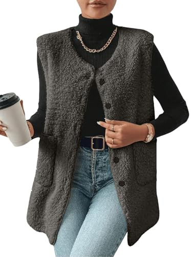 Yutdeng Gilet Lungo da Donna in Pile Invernale Caldo Senza Maniche Sherpa Teddy Vest con Scollo a V Gilet in Pelliccia Tinta Unita Gilets con Bottoni Giacca Leggero Panciotto con Tasche,Nero,L