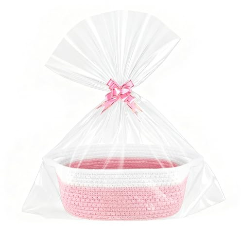 Cesta de regalo vacía vacía rosa trenzada para regalos con bolsas de regalo y cintas, cesta de almacenamiento trenzada para baby shower, cumpleaños, boda, Acción de Gracias, Navidad, Pascua