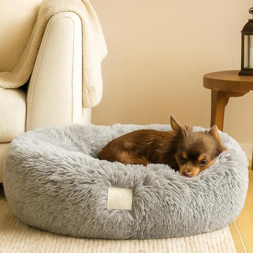 R PETS Pet Halo Small Pet Bed Anti-Anxiety Dog Bed Soft Plush Shaggy Calming Cat Bed Non Slip Base Hypoallergenic Machine Washable Joint Support For Small Cats & Dogs 60cm x 60cm x 20cm