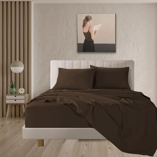 Juego de Sábanas de 4 Piezas de Cama 150 x 200,Poliéster Cepillado y Prelavado,Sábana Bajera Ajustable,Sábana encimera,Dos Funda para Almohada de 50x75cm,Suave y Retención de Calor Marrón