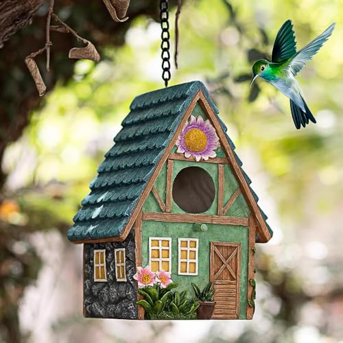 Hojalis Hanging Bird House Outdoor, Bird Houses For Garden, 15.5x13x21.4cm Resin Bird Nesting Box with Hanging Chain, Weatherproof BirdHouse for Small Wild Birds Bluebird Finch Cardinals Robin