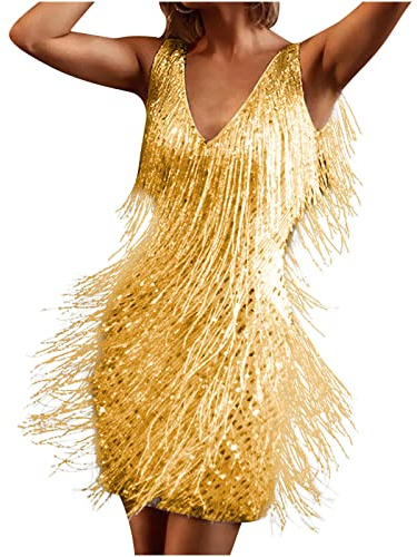 TURWXGSO Party Dresses for Women UK Sequin Fringe Bodycon Dress Deep V Neck Sleeveless Sundress Cocktail Evening Mini Dress Ladies Tank Dresses for Clubs Celebrations Night Going Out