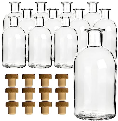 gouveo 12er Set Glasflaschen 250 ml Apotheker mit Korken (HGK) - Runde Flasche zum Befüllen - Leere Apothekerflasche für Likör, Öl, Essig (AFRT250HGK)