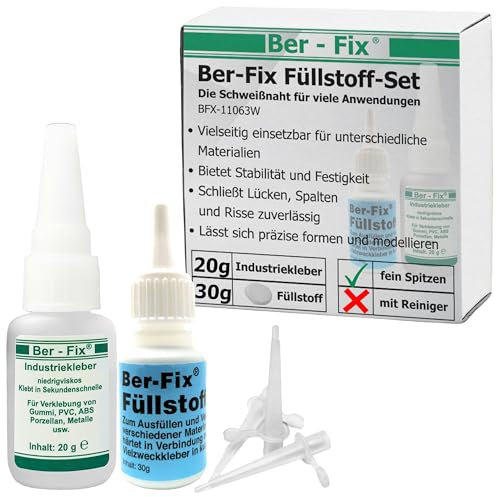 Ber-Fix Füllstoff Set M Schweißnaht Kleber aus Berlin aus 20g Industriekleber und 30g Granulat 2k Kleber extra stark Metall Kunststoff PVC ABS PLA + Reiniger + 3 Spitzen
