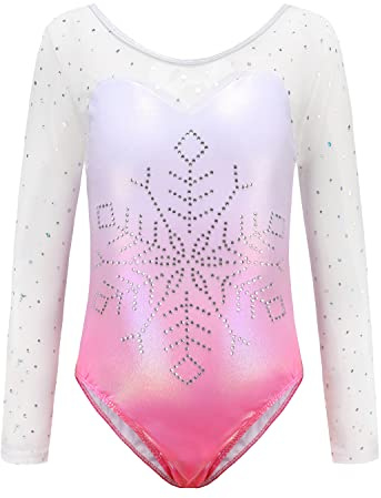 Sinoeem Justaucorps de Gymnastique pour Filles à Manches Longues avec épissure de Diamant Robe Dégradé de Couleur étincelante (Rose - manches longues, 7-8 ans)
