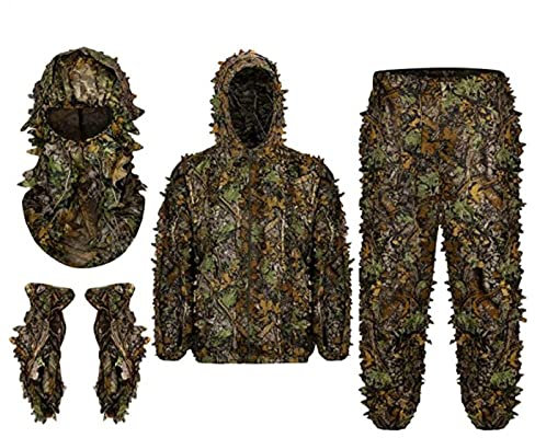 Perfeclan 3D Ghillie Tarnanzug, Ghillie-Anzug für Herren, Blattkapuze, atmungsaktive Waldhose, Leichter Tarnanzug, Vollmaske, Handschuhe, Set für Jagd, Vogelbeobachtung, Wildtierfotografie, XL XXL