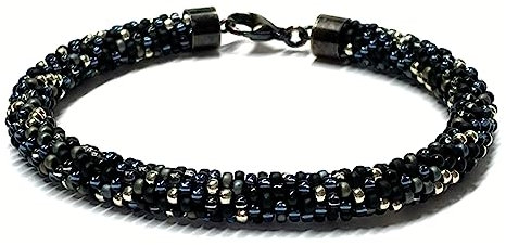 Armband handgefertigt Häkelarmband Glasperlen - Farbmix schwarz silber grau - 925/- Sterling Silber Verschluß geschwärzt 22cm