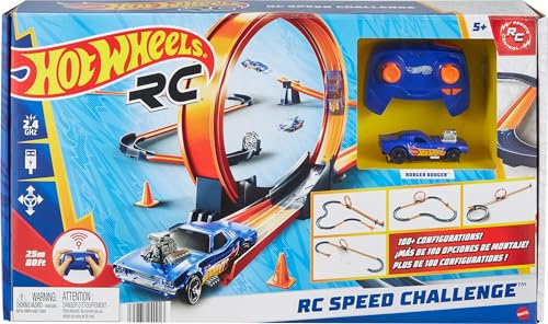 Hot Wheels-banset för leksaksbil med fjärrstyrt fordon i skala 1:64 och mer än 30 bandelar, flera olika kombinationer, bilarna fungerar både på och utanför banan, HXX45